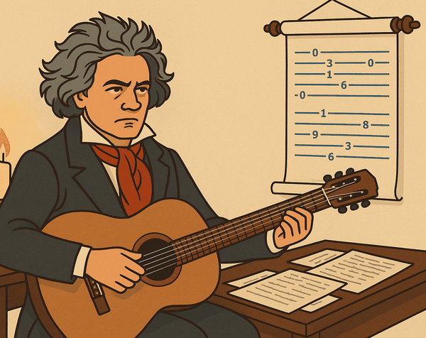 Illustration: a composer with wild grey hair and a red scarf, a classical guitar in his hands, studying a tab scroll pinned to the wall