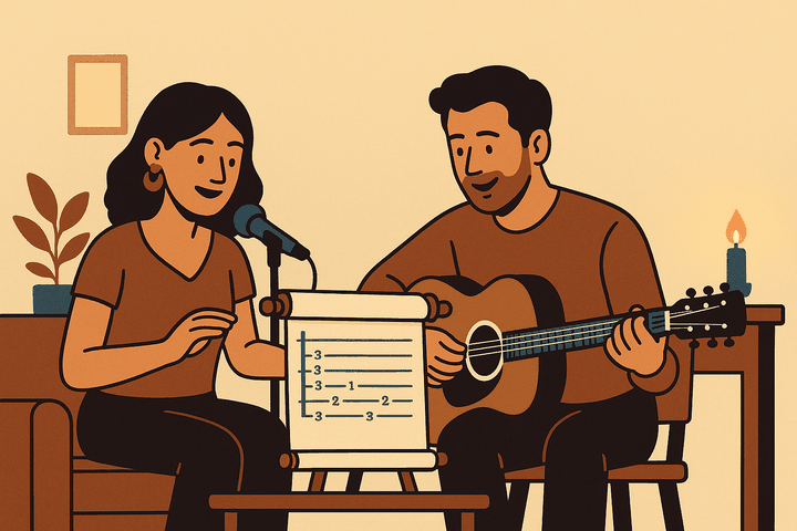 Illustration: a singer at a microphone and a guitarist on a sofa, sharing one tab scroll on a small stand between them