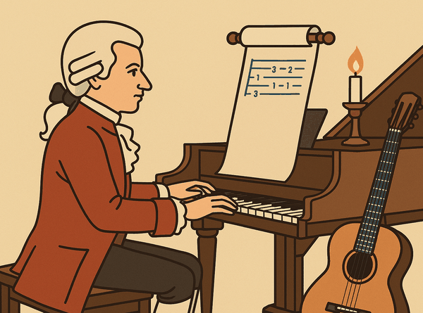 Illustration: a composer in a powdered wig at a harpsichord, reading a tab scroll on the music stand by candlelight