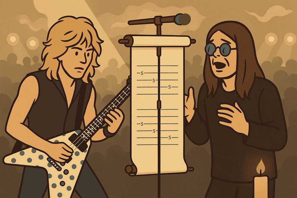 Illustration: a guitarist mid-solo on a polka-dot flying-V and a singer at a microphone stand, both reading the same tab scroll hung from the stand