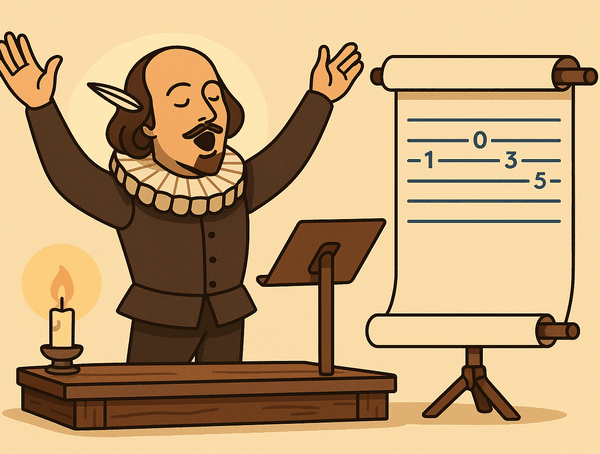 Illustration: a playwright in a ruff collar, arms raised mid-song on a small stage, singing from a tab scroll on a stand