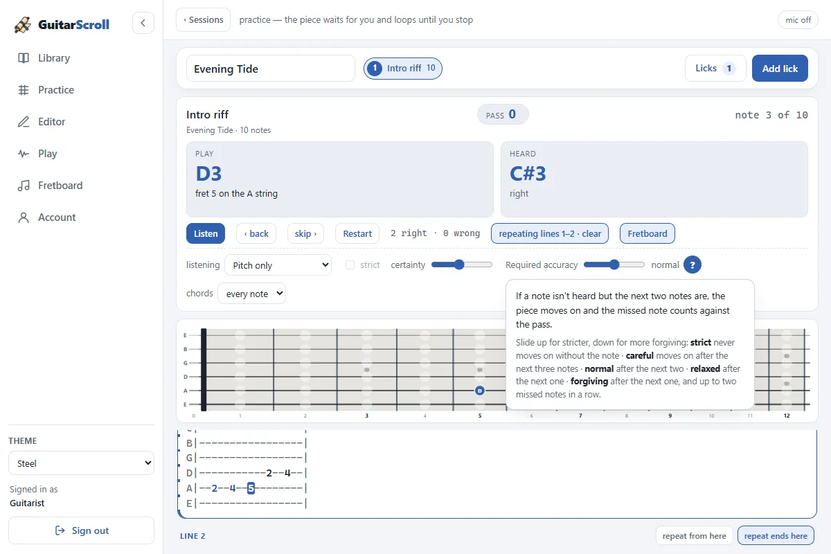 The practice settings with the required-accuracy slider and its explanation open