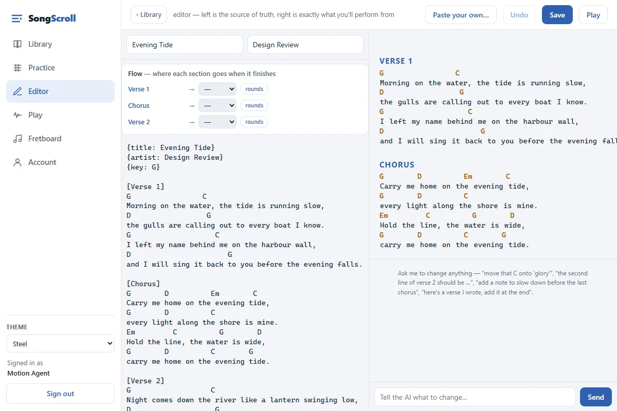 The editor: the source on the left, the laid-out sheet with chords over the words on the right