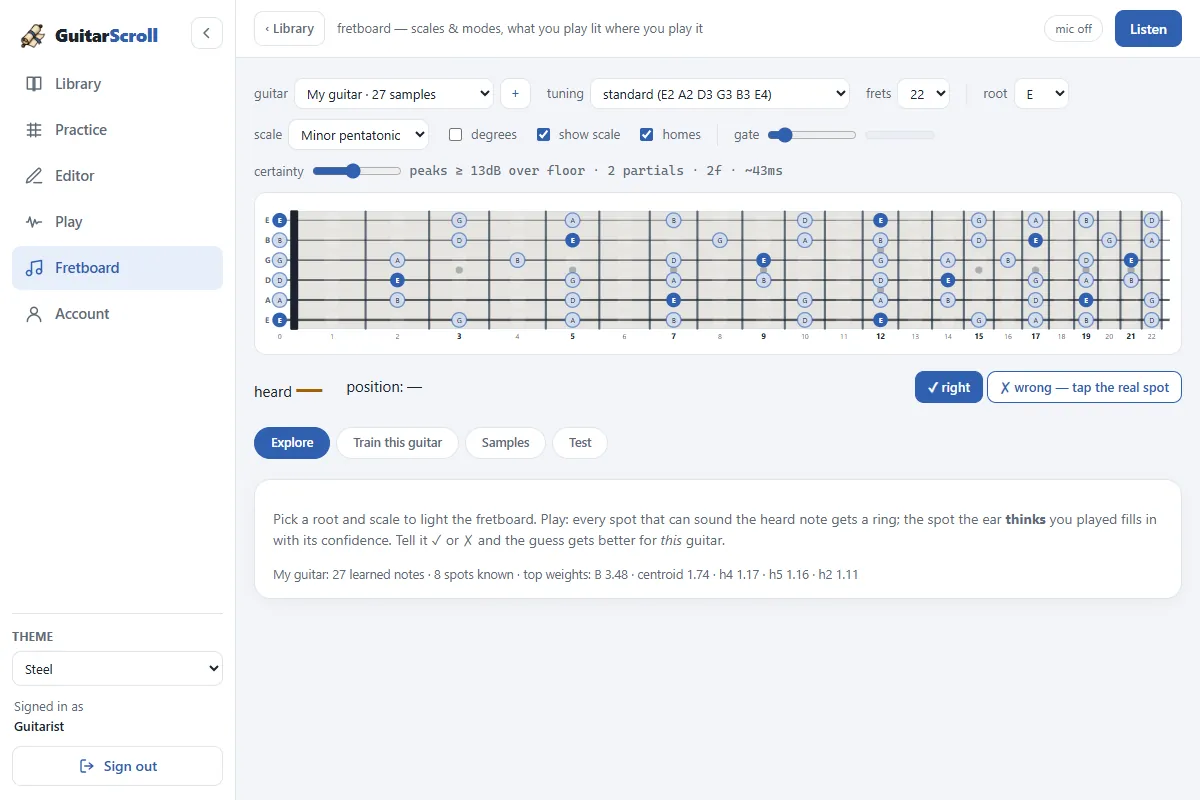 The Fretboard page: a minor pentatonic scale lit across the neck with the tuning, root and scale controls above it