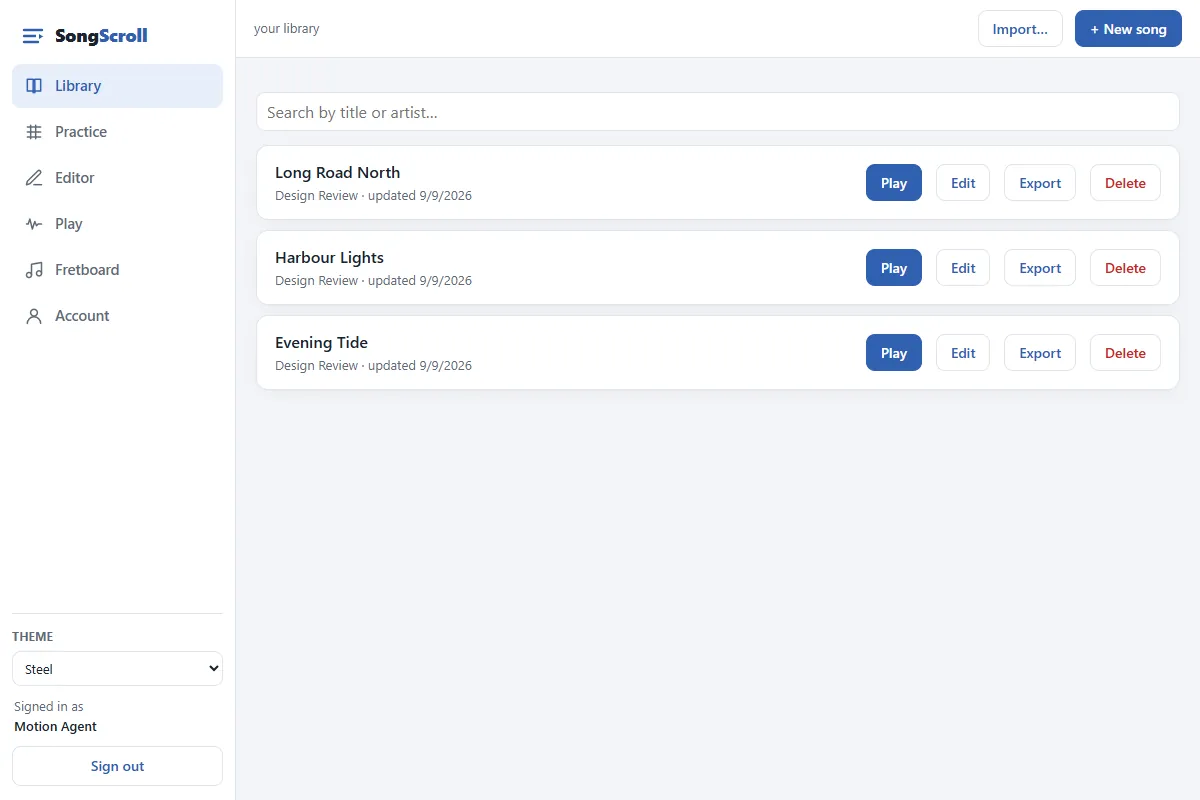 The library with three songs, each with Play, Edit and Export